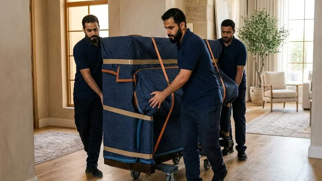 Professional movers carefully transporting an upright piano.