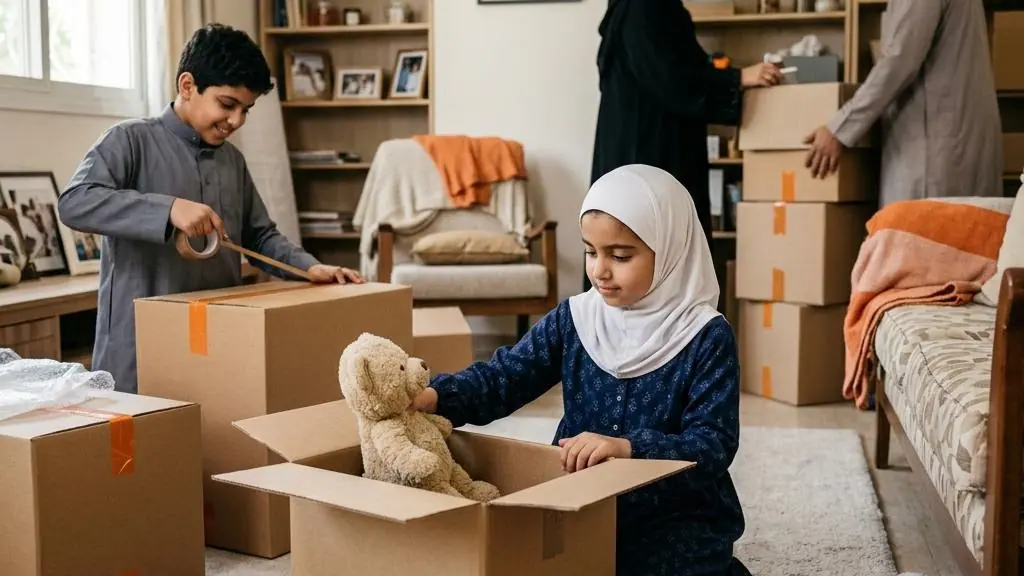 A child packing a toy during a family move.