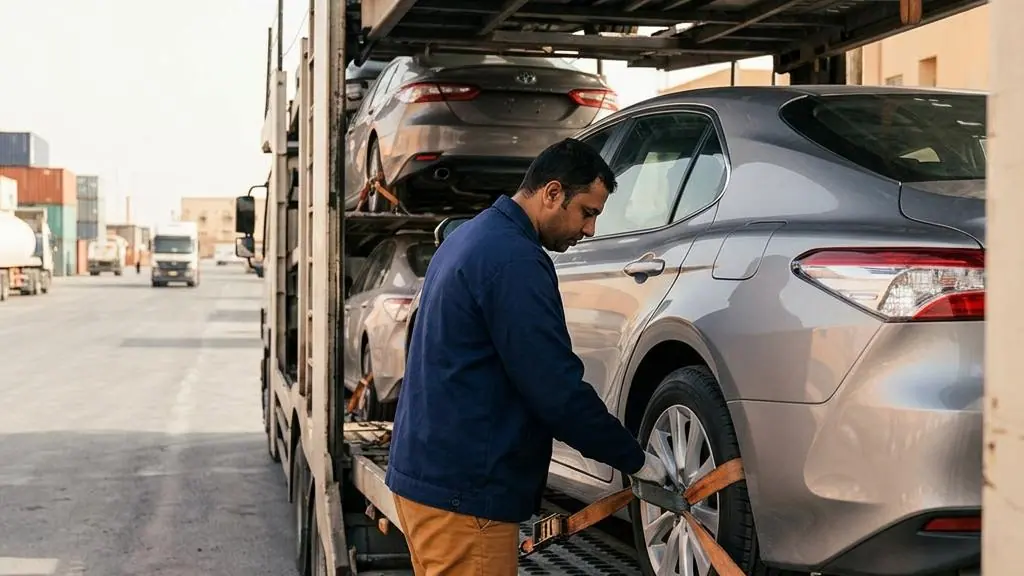 A passenger car secured on a vehicle transport carrier.