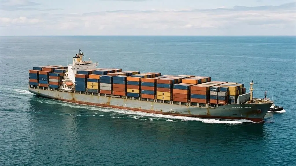 Container ship carrying cargo across the sea.
