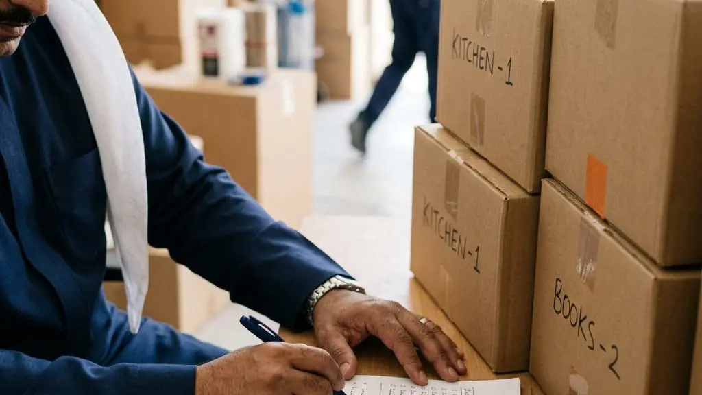 Hands reviewing a moving checklist beside packed boxes.