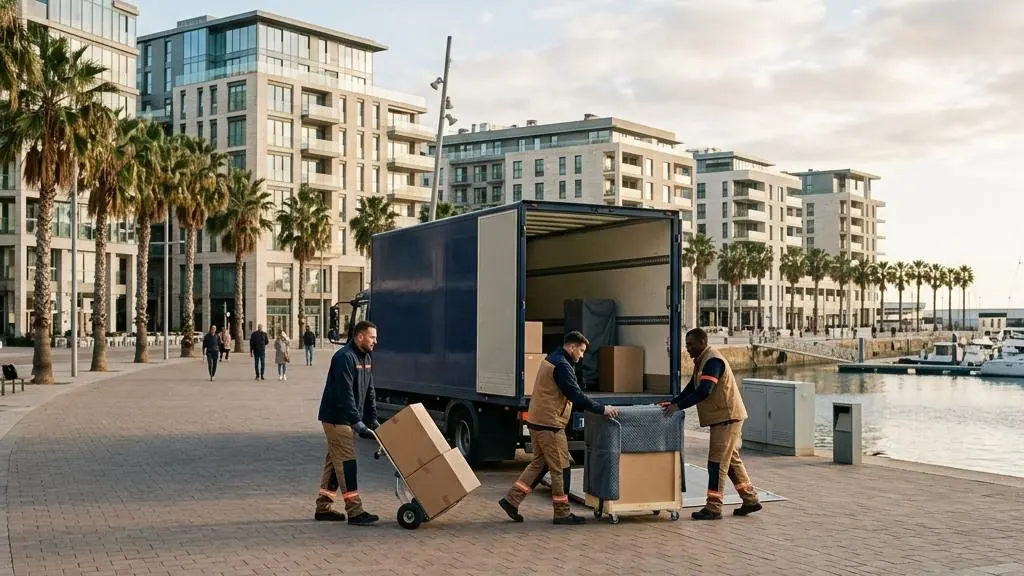 Illustrative island-city waterfront promenade.