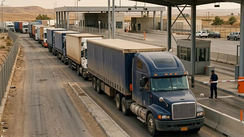 Freight trucks near a border checkpoint.