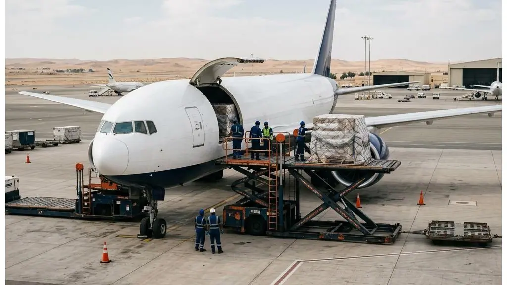 Freight being loaded beside a cargo aircraft.