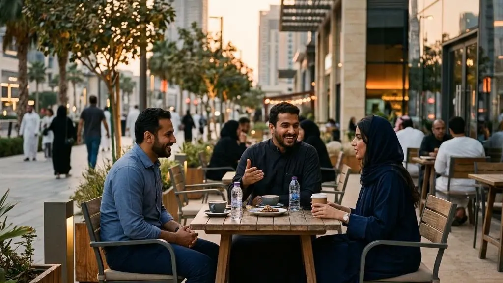 Friends meeting at an outdoor city cafe.