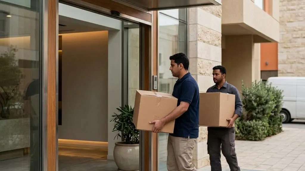 People carrying moving boxes into an apartment.