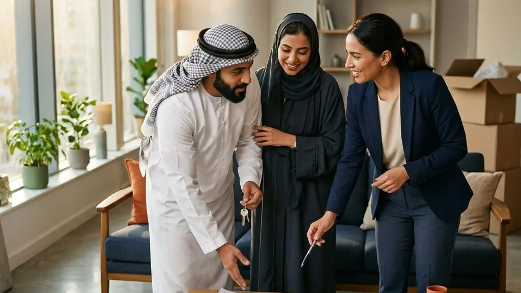 People reviewing a home floor plan and keys.