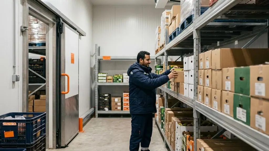 Organized goods inside an industrial cold room.