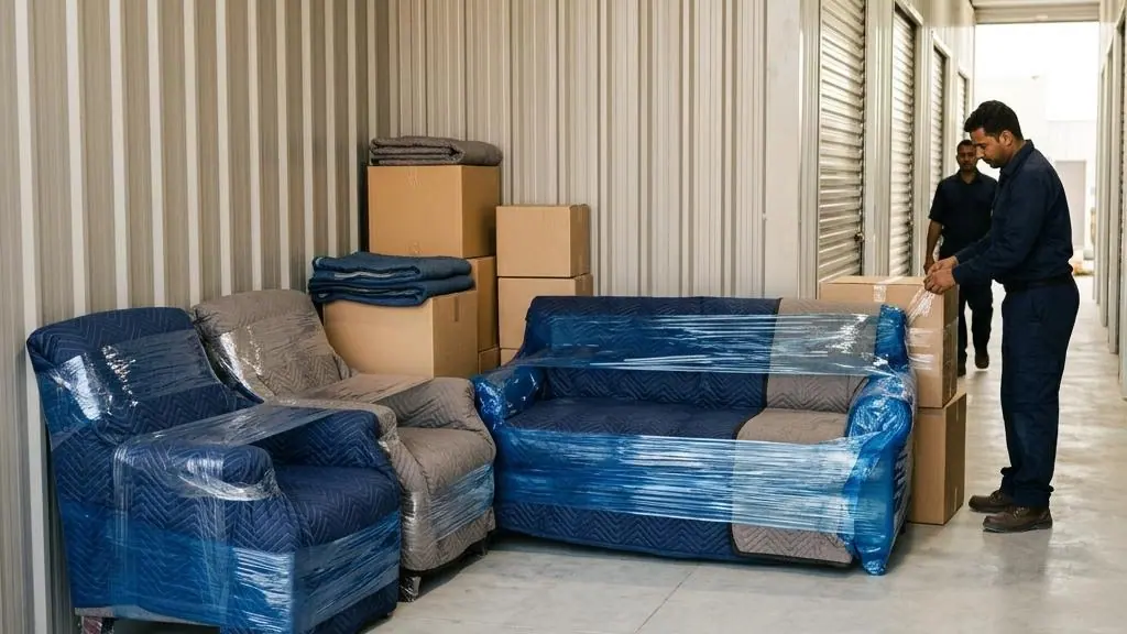 Furniture protected with blankets in a storage unit.