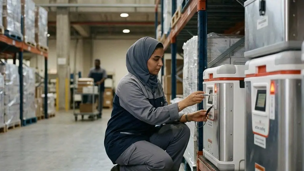 Temperature-controlled medical supplies in storage.