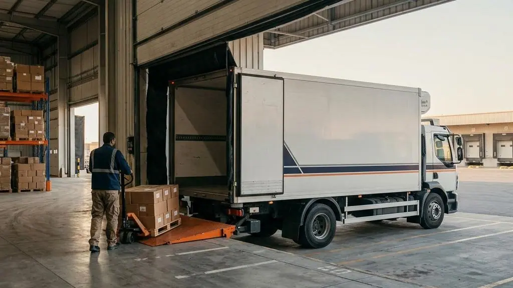 Refrigerated truck at a loading bay.
