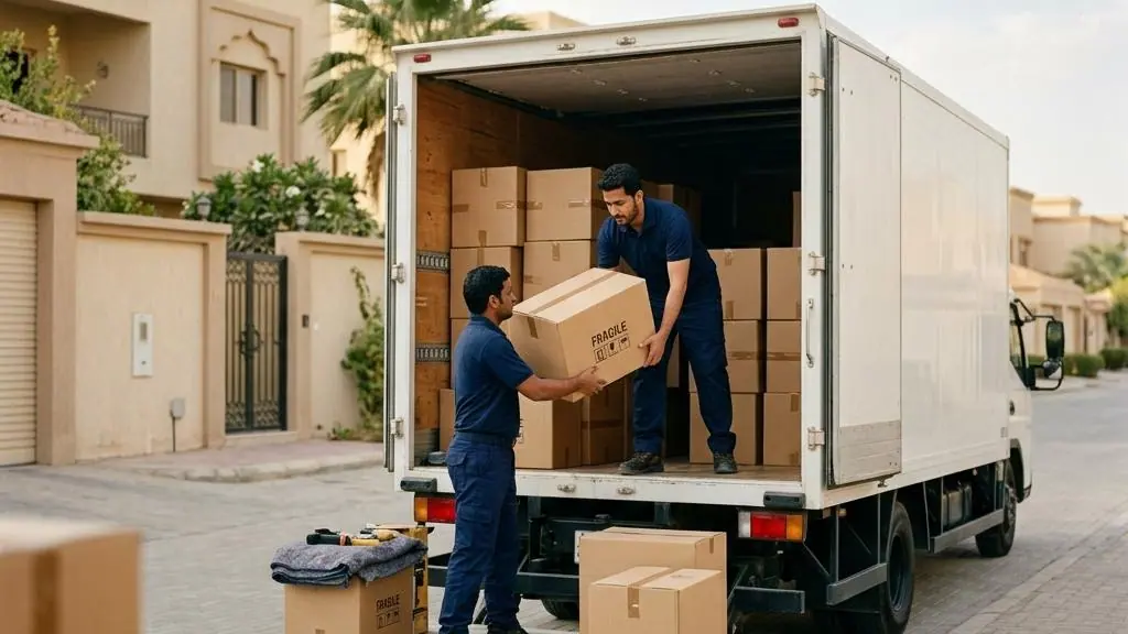 Professional movers loading boxes into a truck.