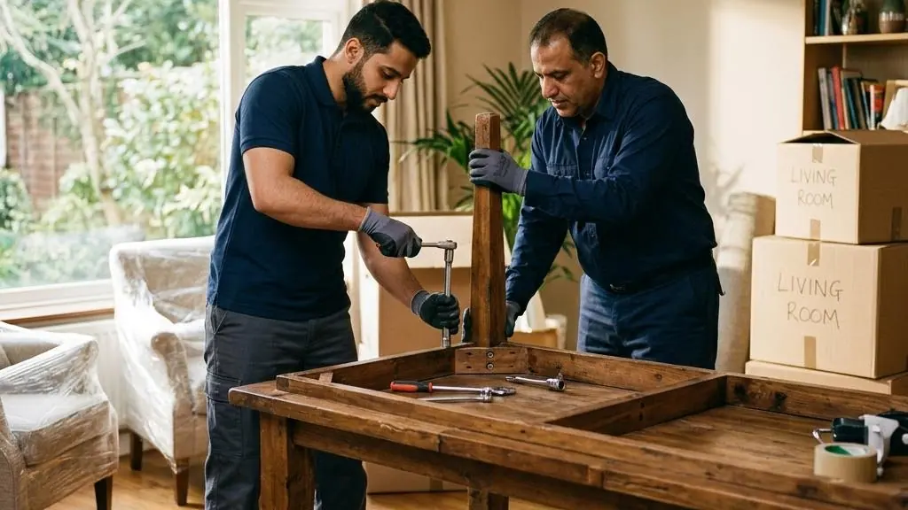 Movers disassembling wooden furniture for transport.