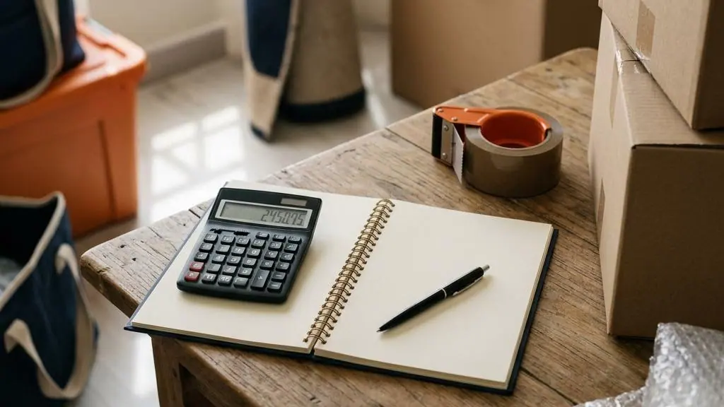 Calculator and notebook used to plan moving expenses.