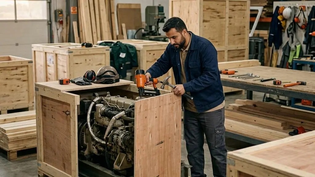 Worker assembling a protective wooden shipping crate.