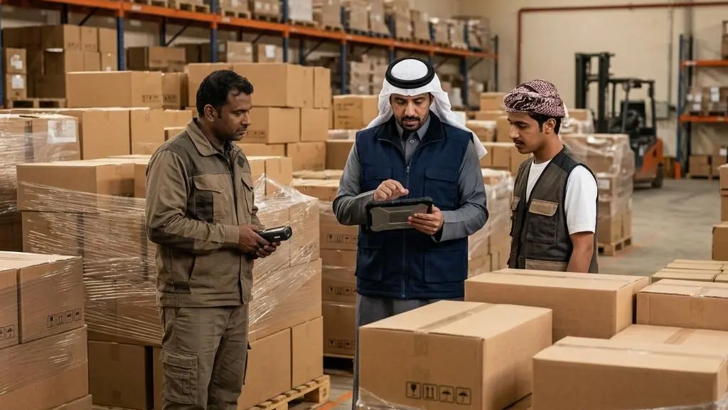 Warehouse supervisor reviewing operations with a team.