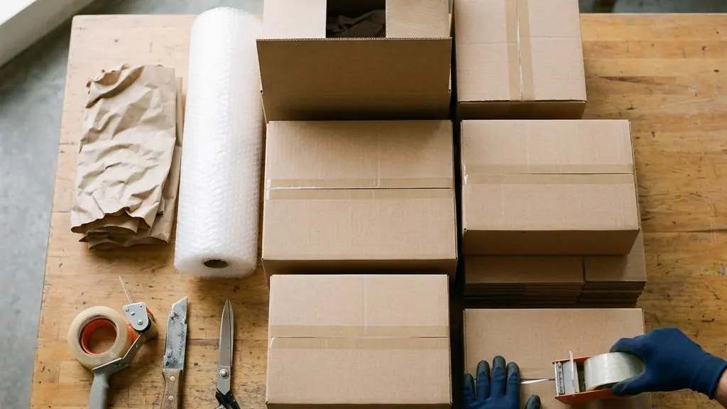 Cardboard boxes, tape and packing materials on a table.