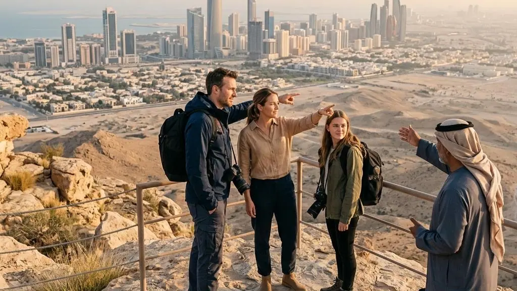Travellers enjoying a desert viewpoint.