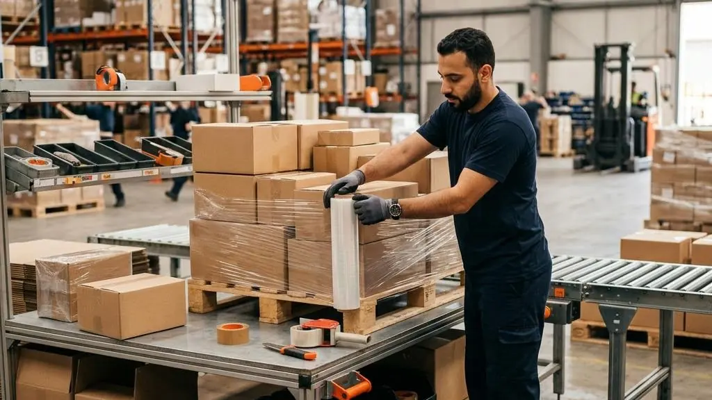 Warehouse worker packing cartons at a station.
