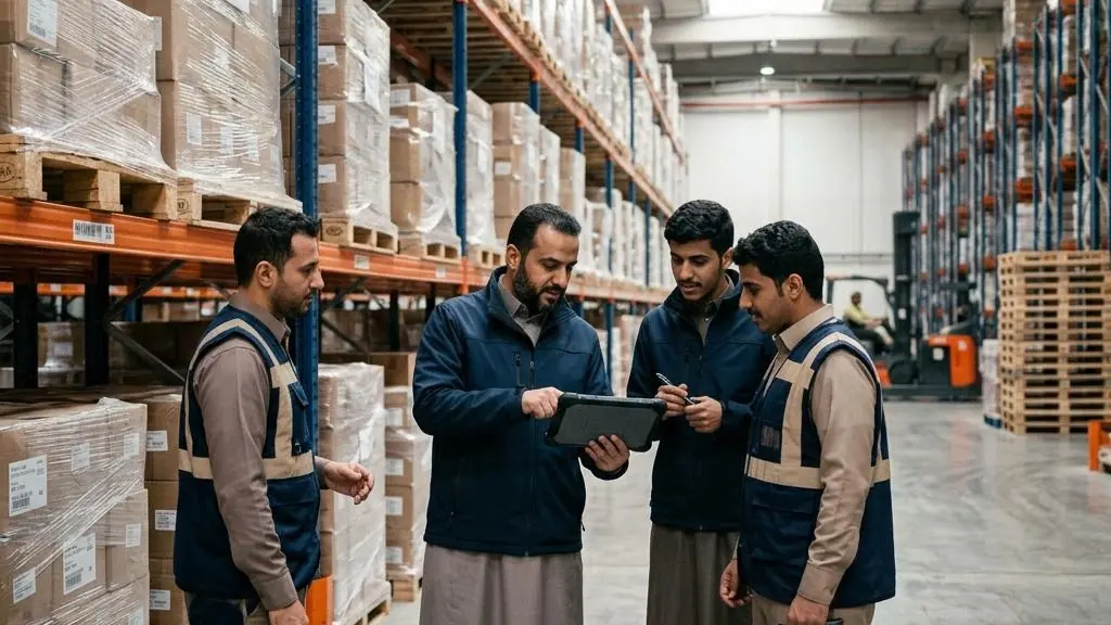 Warehouse team reviewing a supply chain plan.