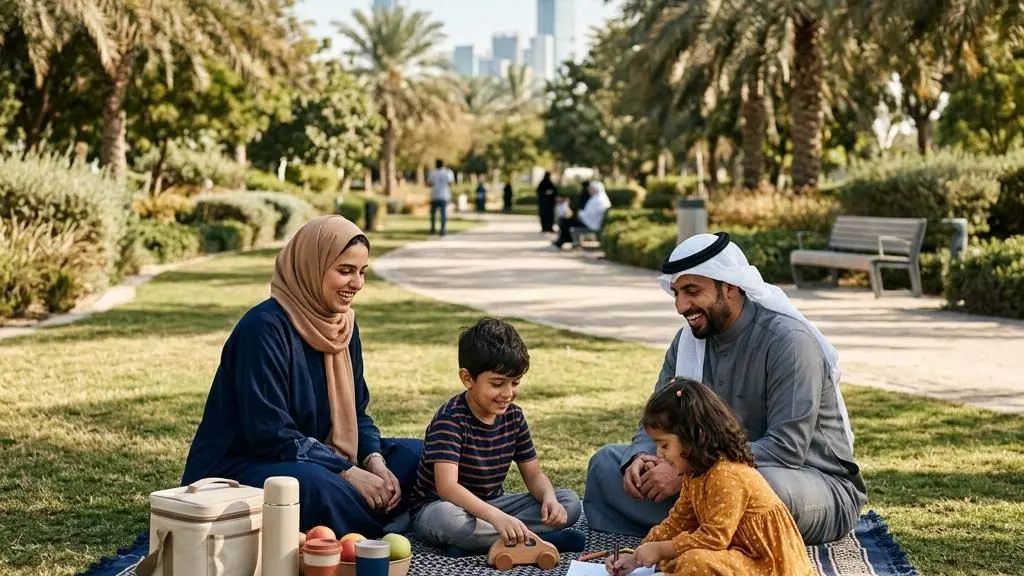 Family enjoying time together in a city park.