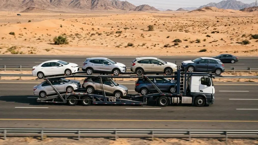 Car transporter carrying vehicles along a highway.