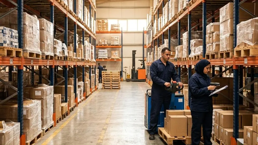 Organized pallet racks along a warehouse aisle.