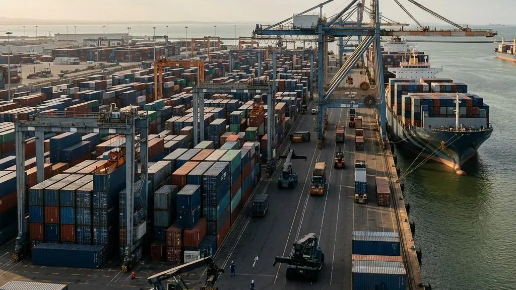Containers and vessels at a busy seaport.