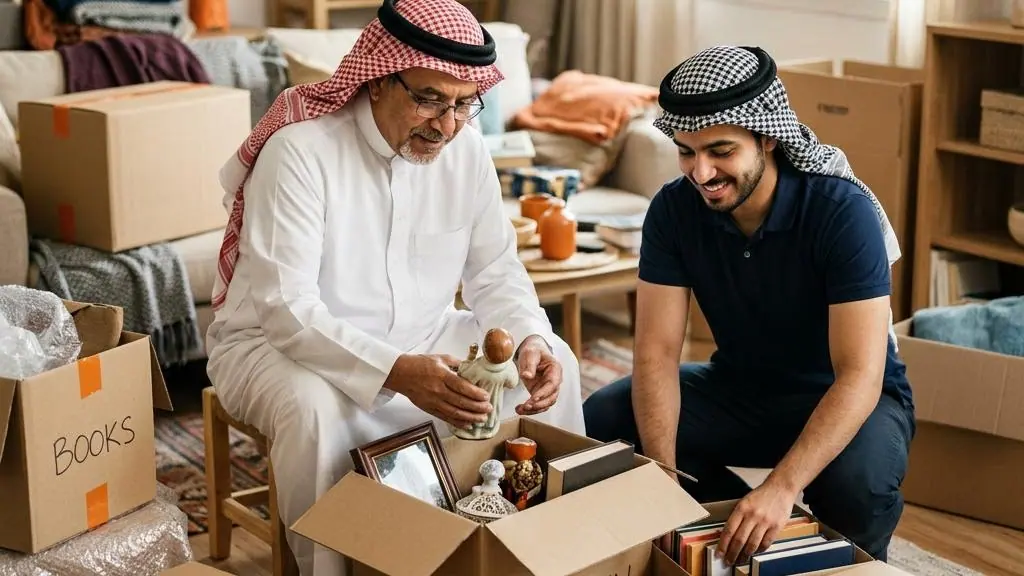 An older adult preparing belongings for a move.
