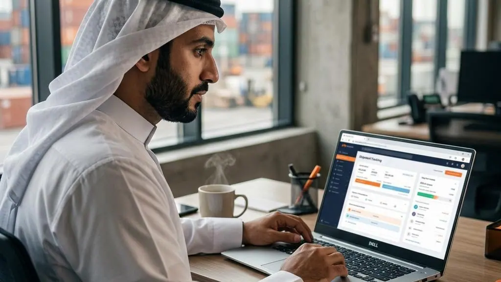 Logistics professional checking shipment tracking on a laptop.