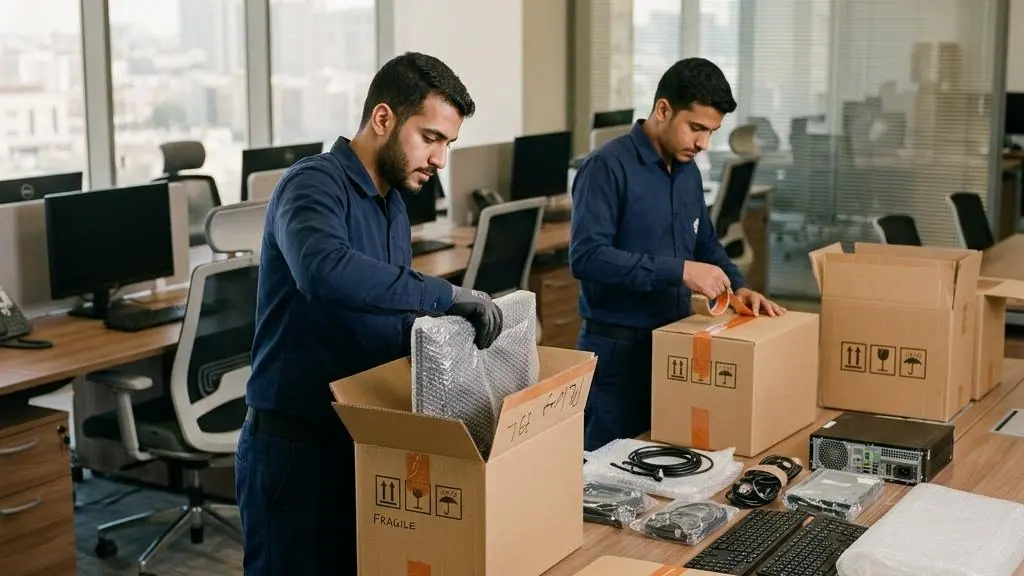 Office desks and equipment being prepared for relocation.
