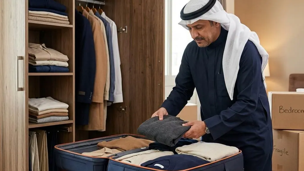 Clothing organized in a suitcase for a move.