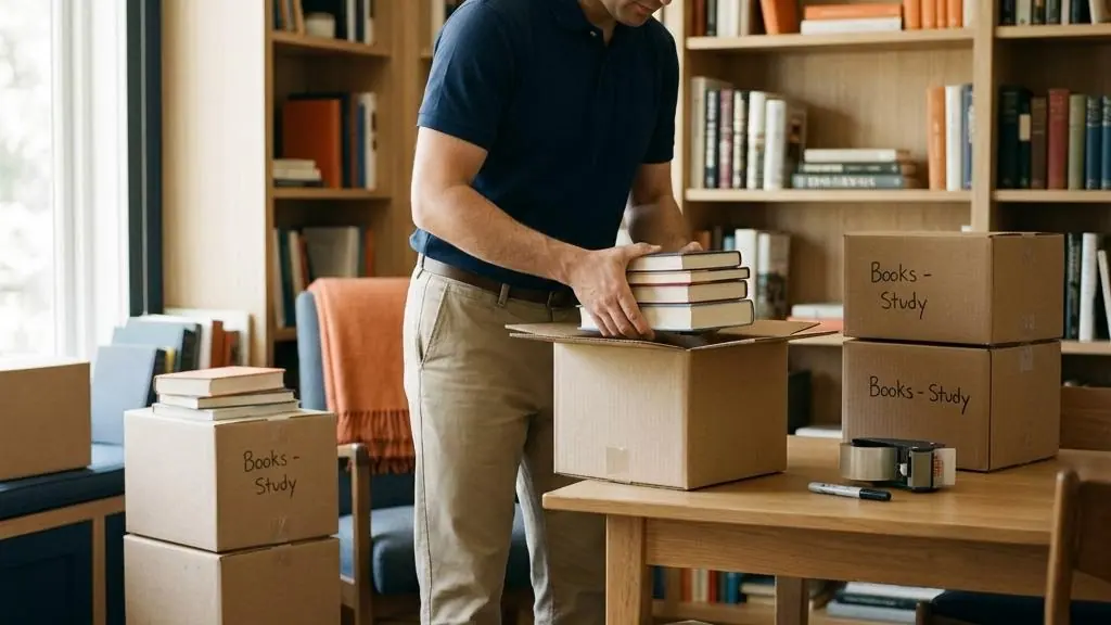 Books being packed into moving boxes.