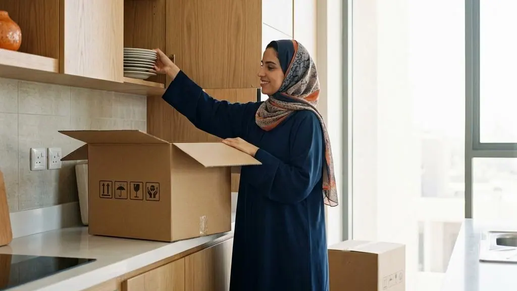 Person unpacking kitchenware in a new home.