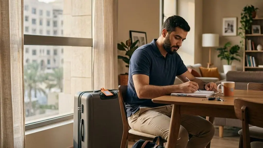 Student preparing notes and luggage for travel.