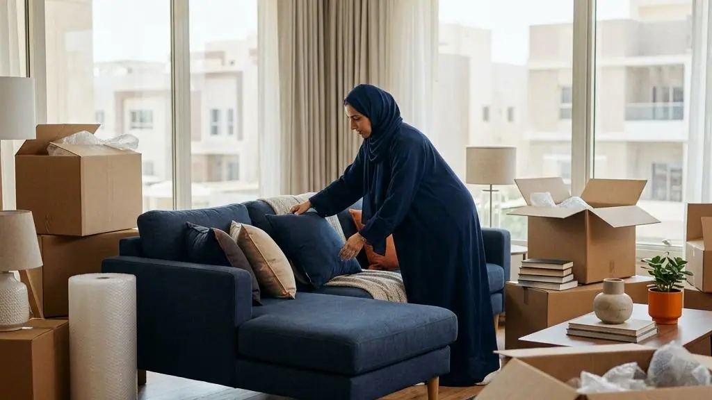 A person arranging furniture in a new home.