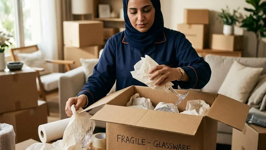 Hands wrapping fragile glassware for a move.