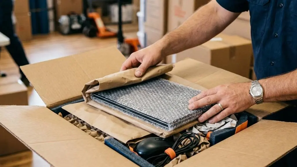 Electronics and accessories being packed with protective padding.
