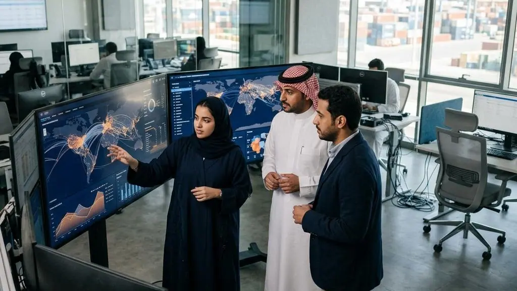 Supply chain team monitoring logistics dashboards.