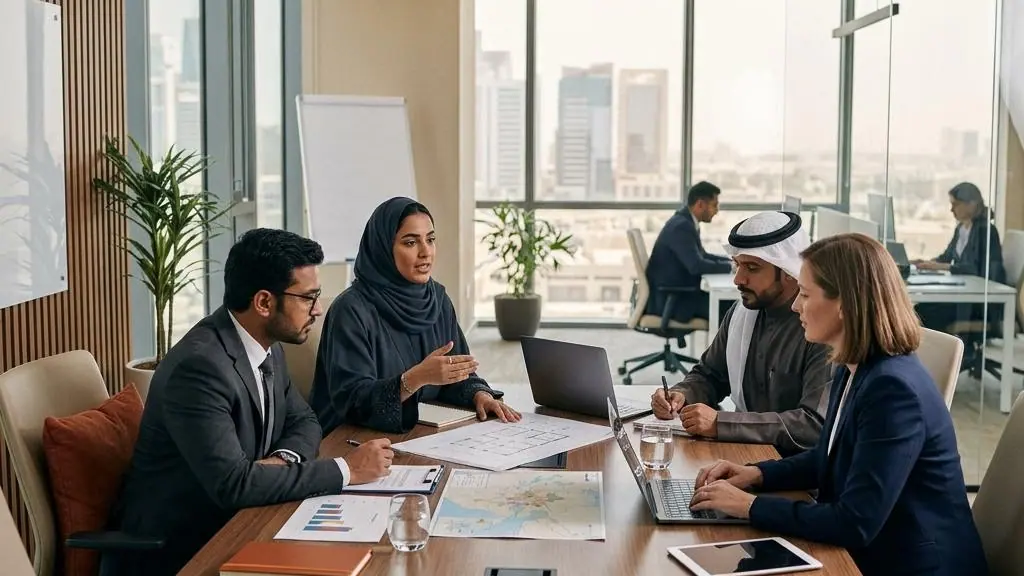 Professionals meeting in a modern Gulf office.