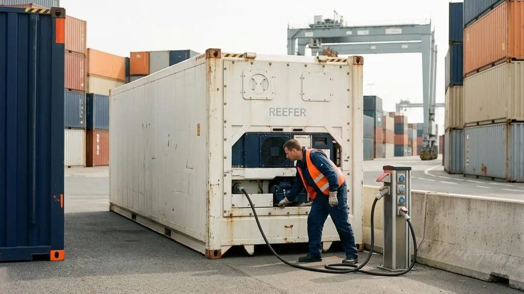 Refrigerated shipping container at a cargo terminal.