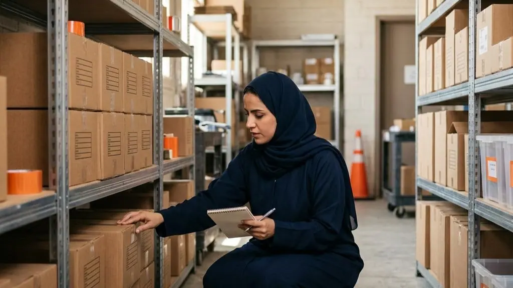 Small-business stockroom with organized inventory.