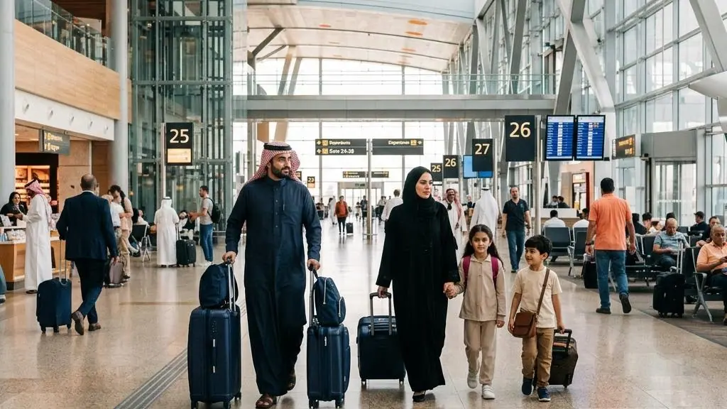Family travelling with luggage through an airport.