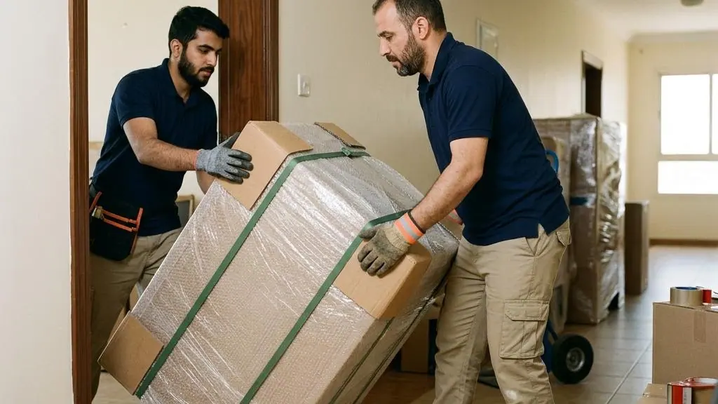 Movers carrying a protected box through a doorway.
