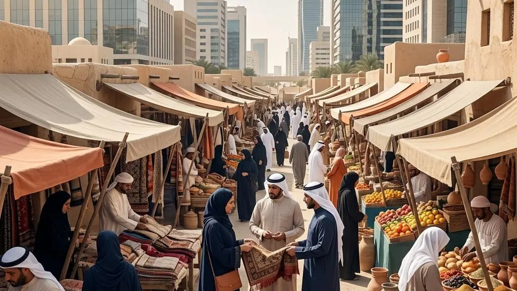 Illustrative shaded outdoor market in a Gulf city.