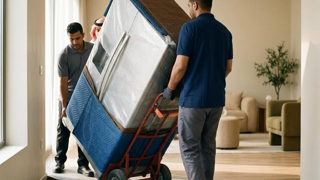 Movers transporting a protected household appliance.