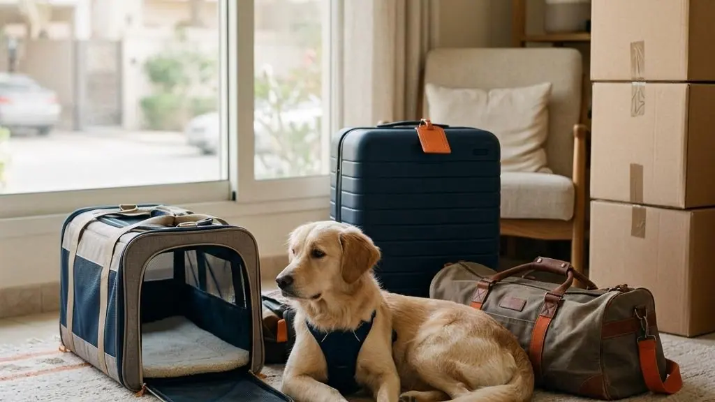 A dog beside a travel carrier and packed luggage.