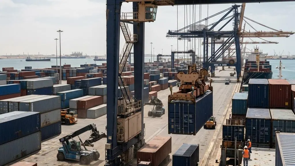 Shipping containers at an international trade terminal.
