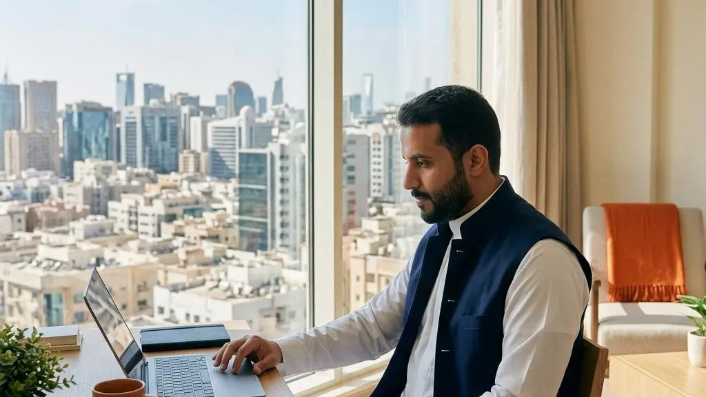 Person working remotely from a bright apartment.