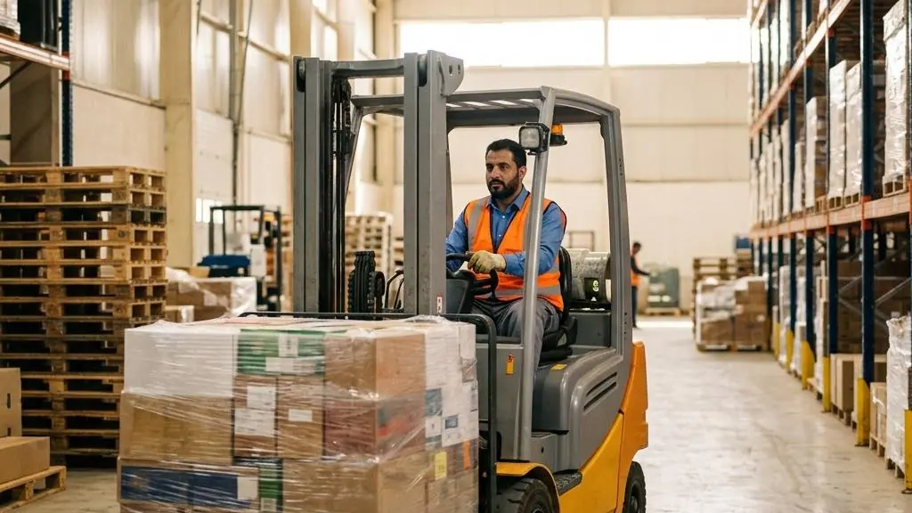Forklift operator moving a pallet through a warehouse.